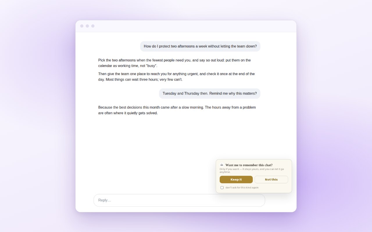 A chat page with the extension's card: 'Want me to remember this chat?' with Keep it and Not this.