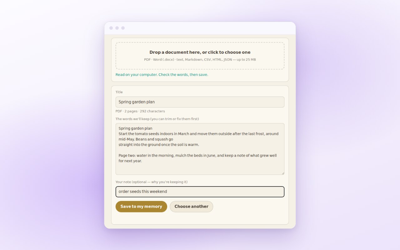 Keep a document: the words read from a PDF, a title, a note, and Save to my memory.