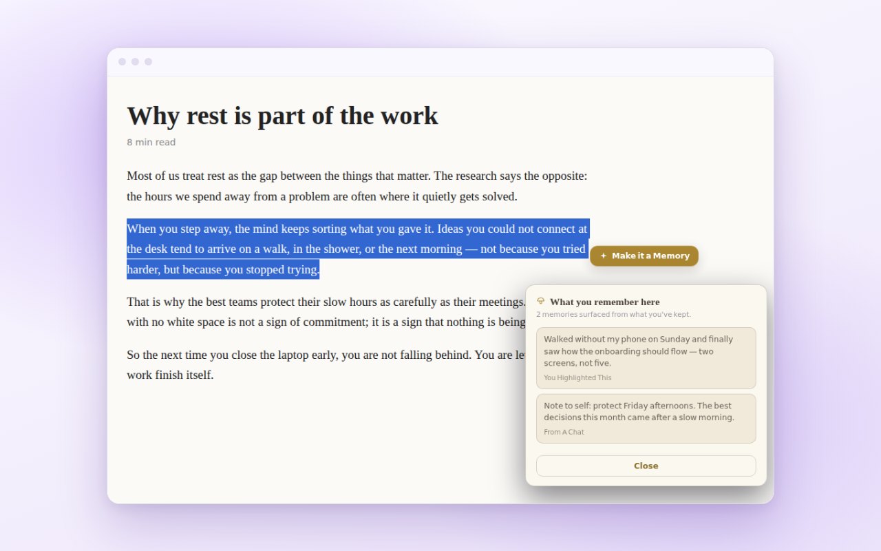 A selected paragraph with the 'What you remember here' card showing two things the person kept before.
